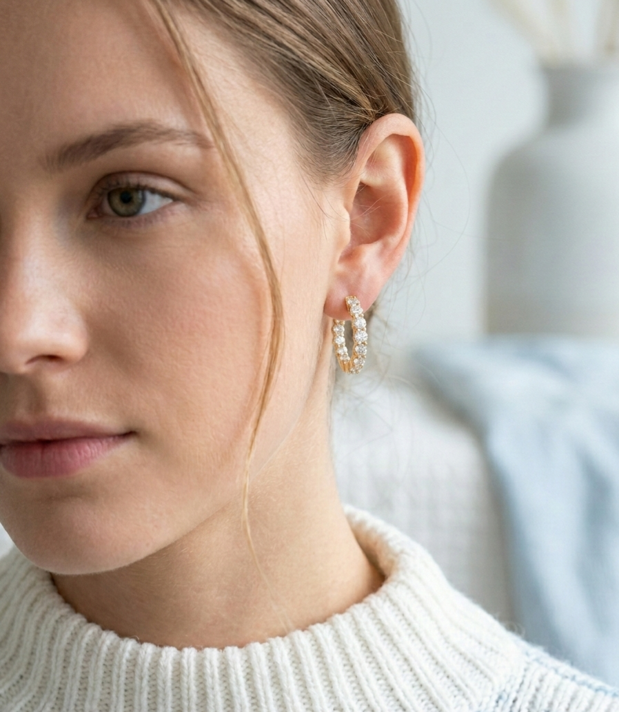 Minimalist 14K gold diamond hoop earrings worn for a luxury aesthetic.